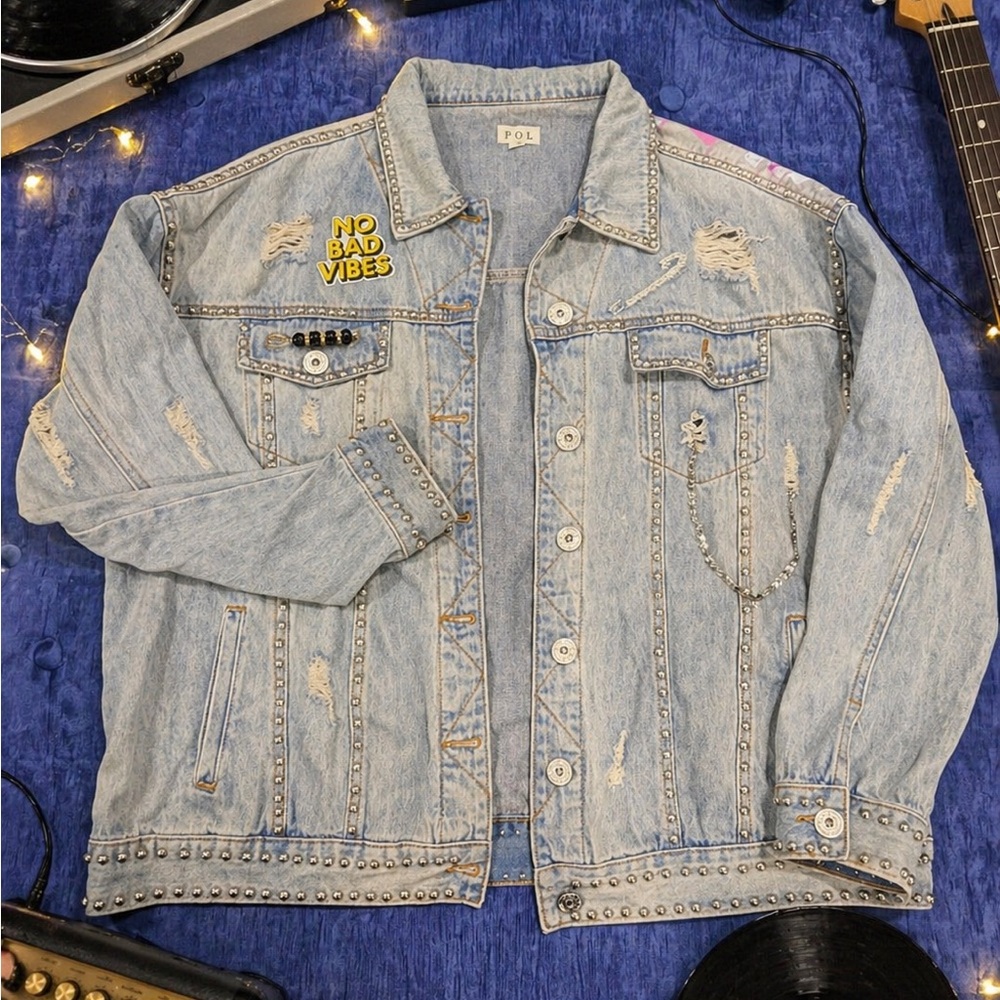 POL Denim Jean Jacket Light Blue with Pink Rockstar Graphic - Picture 3 of 13